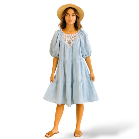Lilly Pulitzer Blue Linen Puff‎ Sleeve Dress Eyelet Pockets Sz 10 Summer Resort - Picture 1 of 9